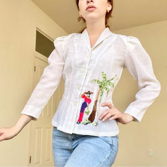 White Linen Blend Embroidery Blazer - Picture 2 of 3